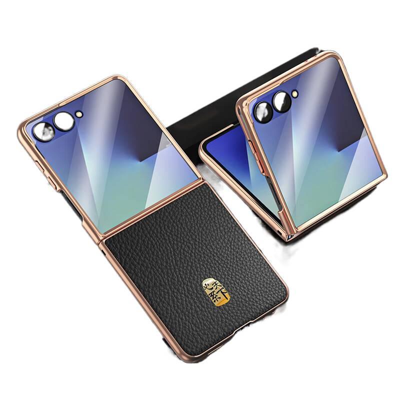 غطاء واقي بملمس جلد لـ Samsung Galaxy Z Flip 6 باللون أسود مضاد للانزلاق مع جلد أصلي ومطلي بالكهرباء مع مقاوم للبصمات مع قبضة مضادة للانزلاق للاستخدام المنزلي للسفر - Image 1