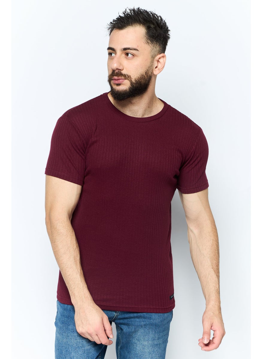 Modern Culture Men Crew Neck Short Sleeves Ribbed T-Shirt, Maroon  - Image 1