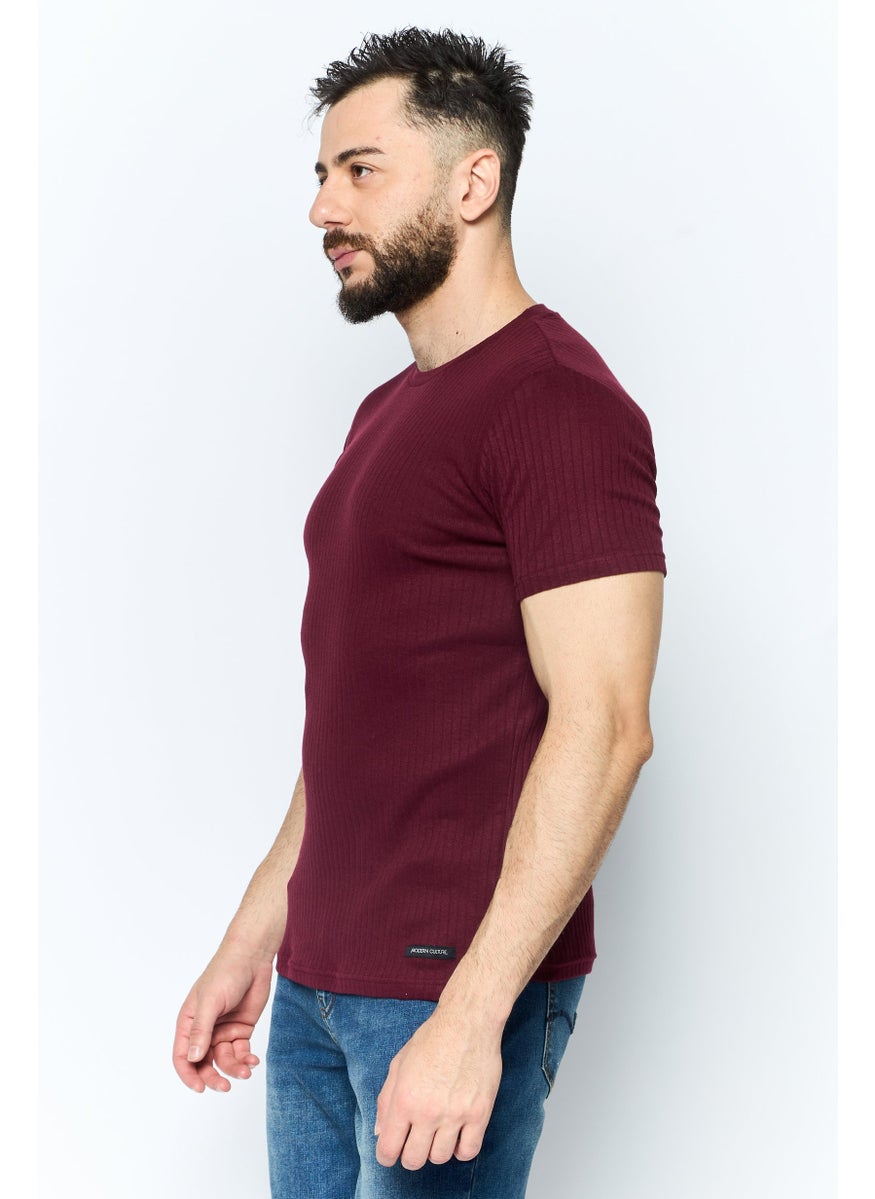 Modern Culture Men Crew Neck Short Sleeves Ribbed T-Shirt, Maroon  - Image 3