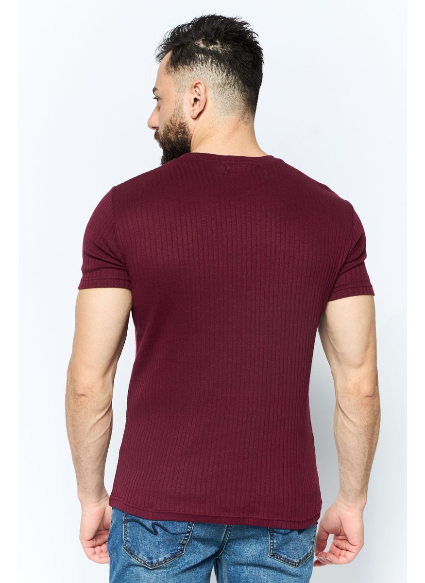 Modern Culture Men Crew Neck Short Sleeves Ribbed T-Shirt, Maroon  - Image 4