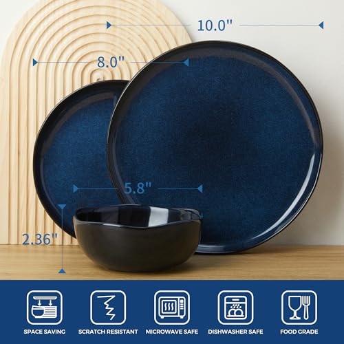 Pokini 24 Piece Ceramic Dinnerware Sets for 8, Starry Blue Reactive Glaze | Unique Coastal Edge for Holiday Gatherings, Thanksgiving, Dinner Parties | Microwave & Dishwasher Safe Stoneware Dish Set - Image 2