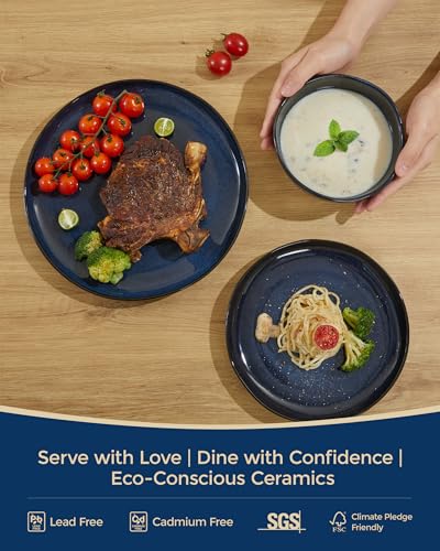 Pokini 24 Piece Ceramic Dinnerware Sets for 8, Starry Blue Reactive Glaze | Unique Coastal Edge for Holiday Gatherings, Thanksgiving, Dinner Parties | Microwave & Dishwasher Safe Stoneware Dish Set - Image 4