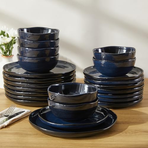 Pokini 24 Piece Ceramic Dinnerware Sets for 8, Starry Blue Reactive Glaze | Unique Coastal Edge for Holiday Gatherings, Thanksgiving, Dinner Parties | Microwave & Dishwasher Safe Stoneware Dish Set - Image 5