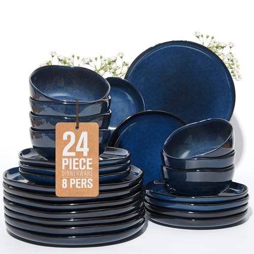 Pokini 24 Piece Ceramic Dinnerware Sets for 8, Starry Blue Reactive Glaze | Unique Coastal Edge for Holiday Gatherings, Thanksgiving, Dinner Parties | Microwave & Dishwasher Safe Stoneware Dish Set - Image 1