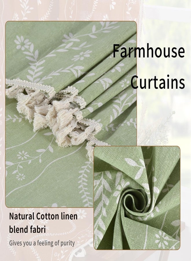 Schweek Green Linen Sheer Curtains 63 Inch Length, Boho Farmhouse Floral Curtains 2 Panels, Vintage Printed Curtains Light Filtering Cottage Core Western Curtains Drapes, Sage Green - Image 5