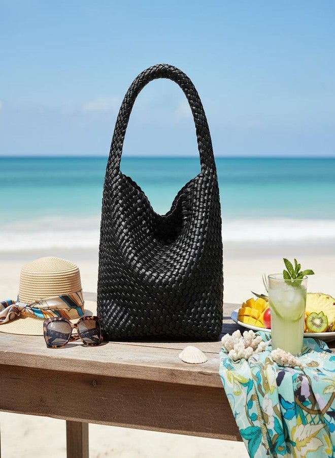 Sumrains Woven Bags for Women Tote Purse: Vegan Leather Shoulder Handbags - Medium Beach Tote Bags - Handwoven Satchel Underarm Purse for Holidays (Black Color) - Image 3