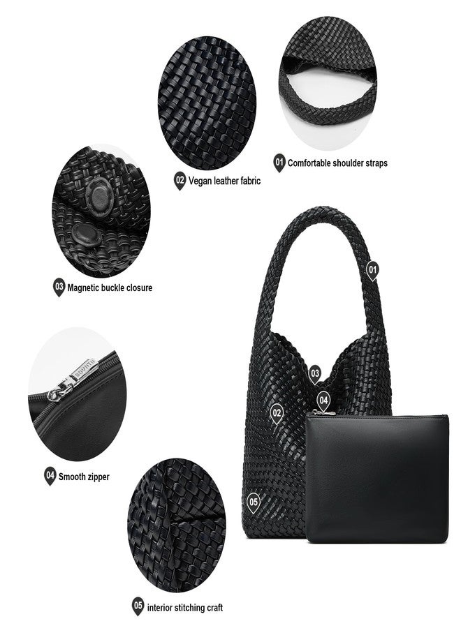 Sumrains Woven Bags for Women Tote Purse: Vegan Leather Shoulder Handbags - Medium Beach Tote Bags - Handwoven Satchel Underarm Purse for Holidays (Black Color) - Image 5