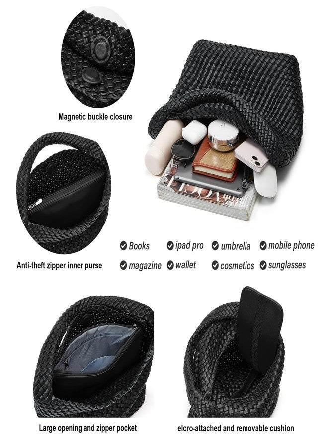 Sumrains Woven Bags for Women Tote Purse: Vegan Leather Shoulder Handbags - Medium Beach Tote Bags - Handwoven Satchel Underarm Purse for Holidays (Black Color) - Image 4