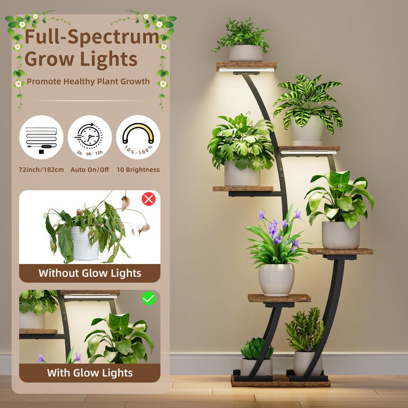 BACEKOLL Plant Stand Indoor with Grow Lights, Plant Shelf Indoor 2 Pack, Corner Plant Stands for Indoor Plants, 6 Tiered Plant Flower Display Shelf, Half-Moon Plant Rack for Home, Living Room, Black - Image 3