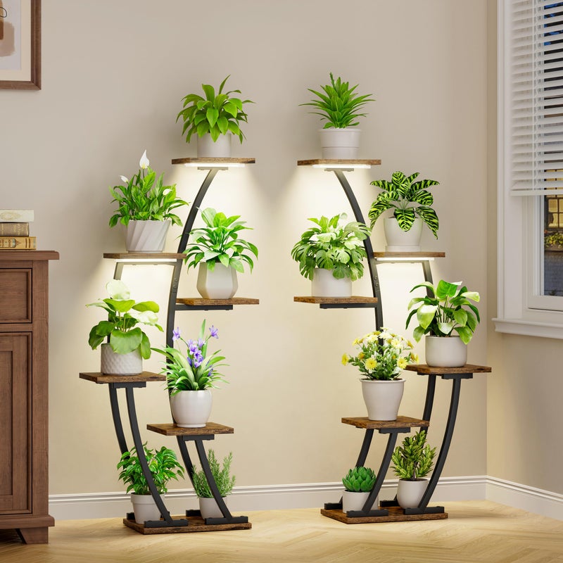 BACEKOLL Plant Stand Indoor with Grow Lights, Plant Shelf Indoor 2 Pack, Corner Plant Stands for Indoor Plants, 6 Tiered Plant Flower Display Shelf, Half-Moon Plant Rack for Home, Living Room, Black - Image 1