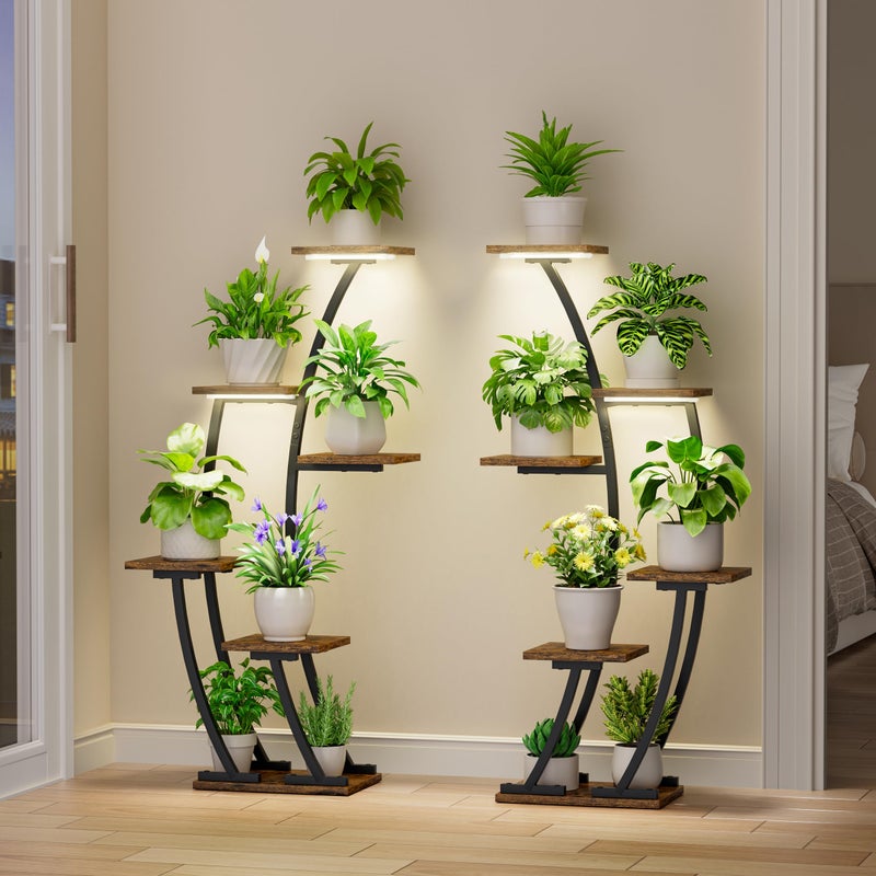BACEKOLL Plant Stand Indoor with Grow Lights, Plant Shelf Indoor 2 Pack, Corner Plant Stands for Indoor Plants, 6 Tiered Plant Flower Display Shelf, Half-Moon Plant Rack for Home, Living Room, Black - Image 2