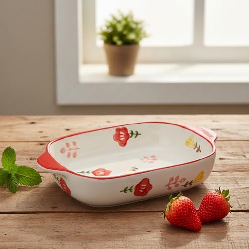 HENIJ Ceramics Rectangular Baking Dishes with Handle for Oven Ceramic Baking Pan Lasagna Casserole Pan Individual Bakeware (Red, Pack Of 1) - Image 1