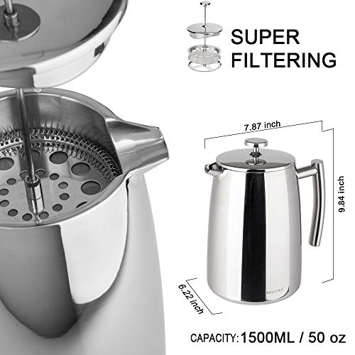 Secura French Press Coffee Maker, 50-Ounce, 304 Stainless Steel Insulated Coffee Press with Extra Screen - Image 2