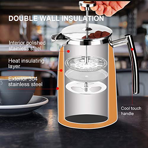 Secura French Press Coffee Maker, 50-Ounce, 304 Stainless Steel Insulated Coffee Press with Extra Screen - Image 4