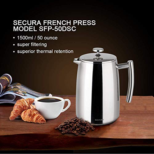 Secura French Press Coffee Maker, 50-Ounce, 304 Stainless Steel Insulated Coffee Press with Extra Screen - Image 5