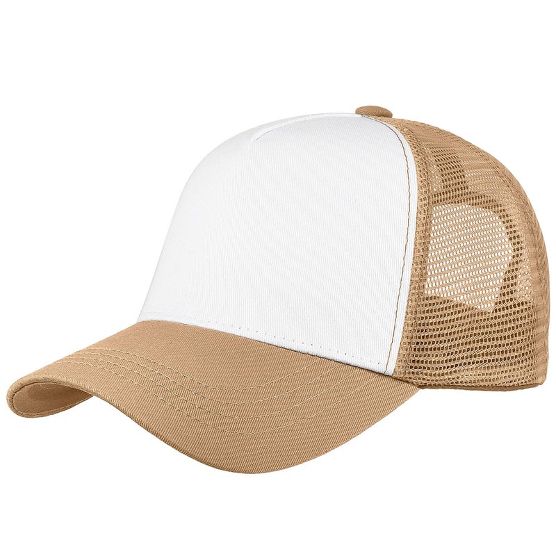 Falari 5-Panel Mesh Baseball Cap, Trucker Hat, Structured Plain Design, Cotton, Adjustable Size - Khaki - Image 1
