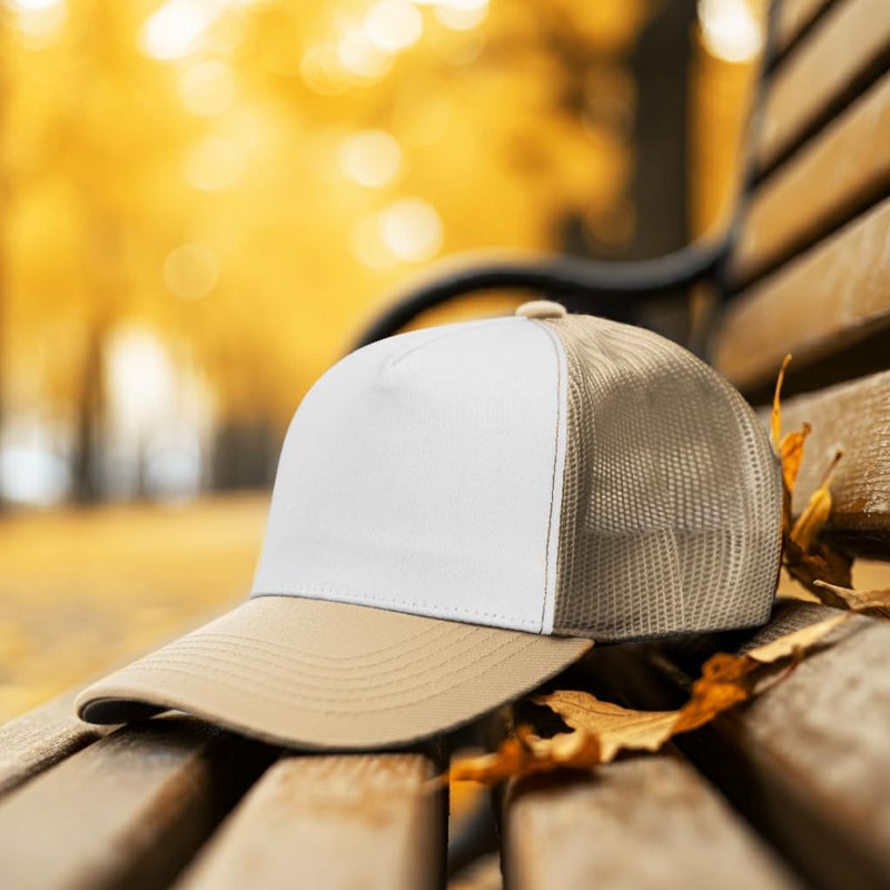 Falari 5-Panel Mesh Baseball Cap, Trucker Hat, Structured Plain Design, Cotton, Adjustable Size - Khaki - Image 3