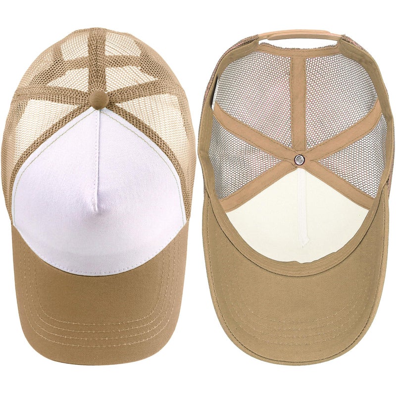 Falari 5-Panel Mesh Baseball Cap, Trucker Hat, Structured Plain Design, Cotton, Adjustable Size - Khaki - Image 4