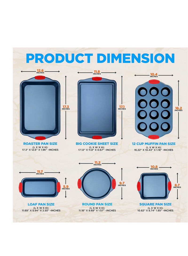 NutriChef 6-Piece Bakeware Set - Nonstick Carbon Steel Baking Pans with Red Silicone Handles, Blue Coating, Durable & Stain-Resistant, Perfect for Baking Cakes, Muffins, Cookies (Blue) - Image 2