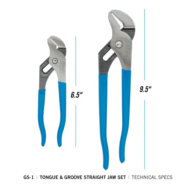 Channellock 2 Piece Tongue and Groove Pliers Set - 9.5-Inch, 6.5-Inch | Straight Jaw Groove Joint Pliers | Laser Heat-Treated 90° Teeth| Forged from High Carbon Steel | Patented Reinforcing Edge Minimizes Stress Breakage | Made in USA - Image 2
