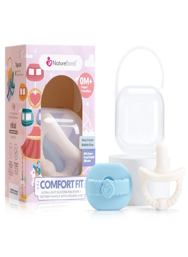 NatureBond Baby Pacifier Soother Silicone Binky Newborn Teether Pacifiers 2 in 1, Curved for Comfort | Hygiene Cover (0-6 Months, Bubble Blue and Ivory Cream) - Image 1