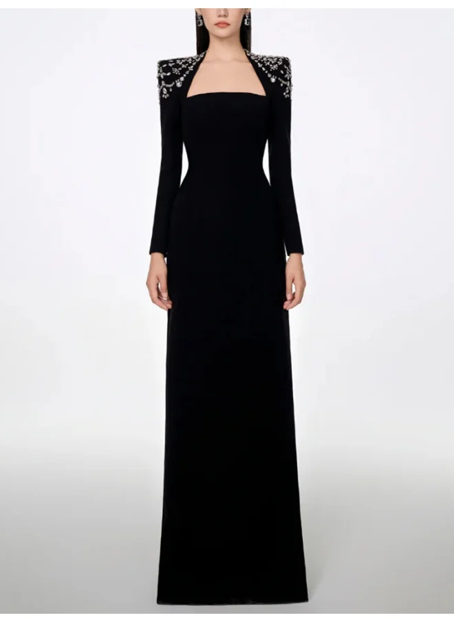 Madam Uniq Long Sleeve Square Neck Beaded and Rhinestone Embellished Maxi Dress