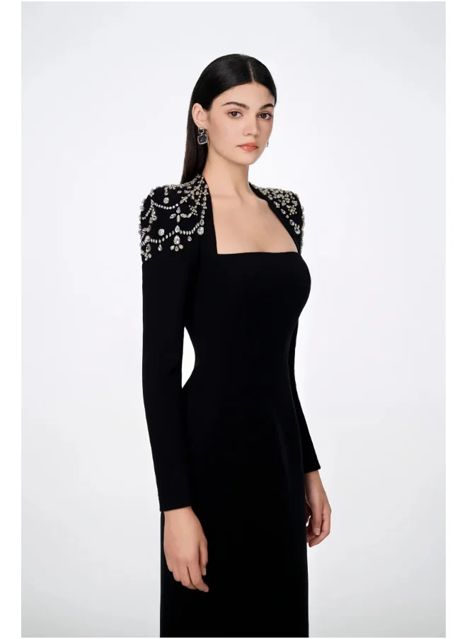 Madam Uniq Long Sleeve Square Neck Beaded and Rhinestone Embellished Maxi Dress