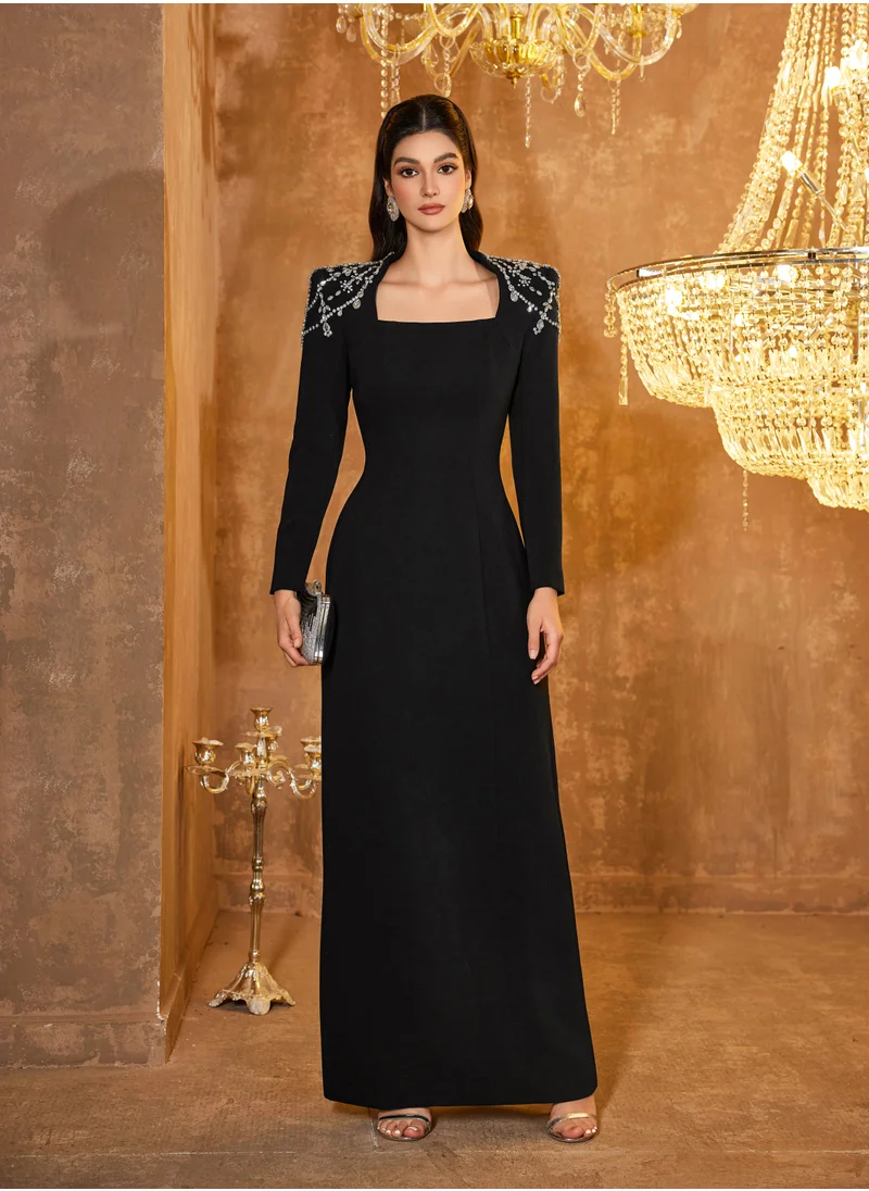 Madam Uniq Long Sleeve Square Neck Beaded and Rhinestone Embellished Maxi Dress