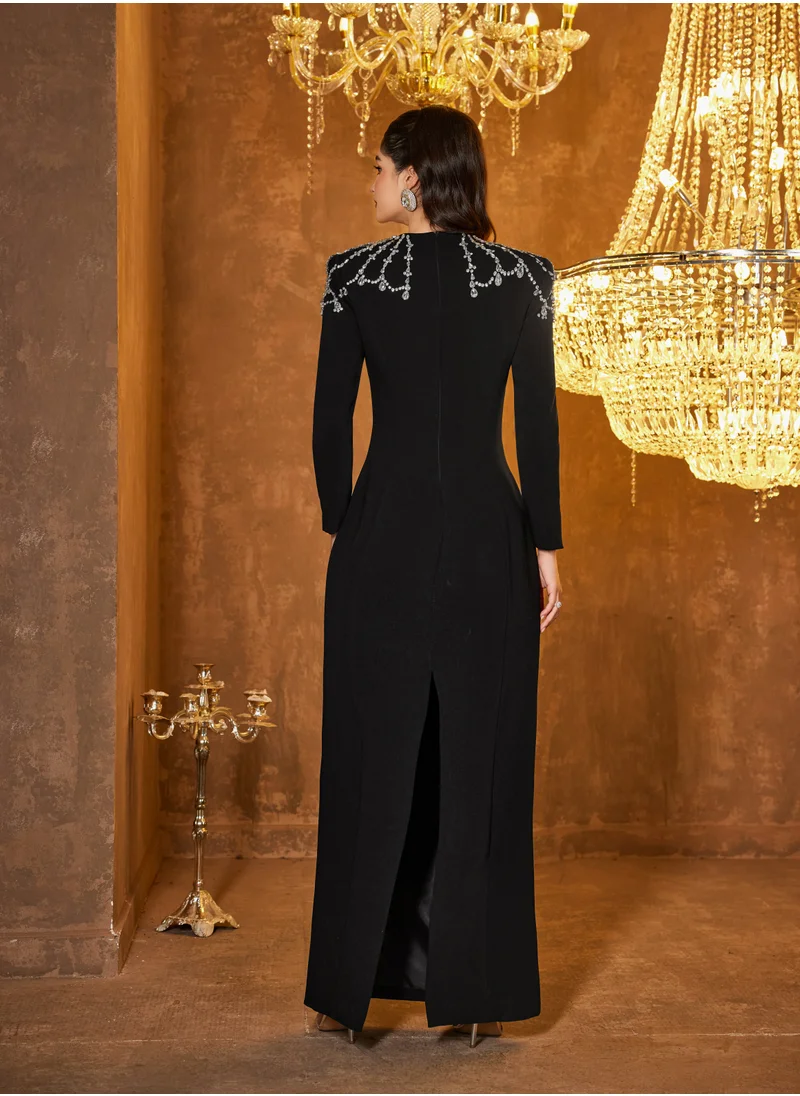 Madam Uniq Long Sleeve Square Neck Beaded and Rhinestone Embellished Maxi Dress