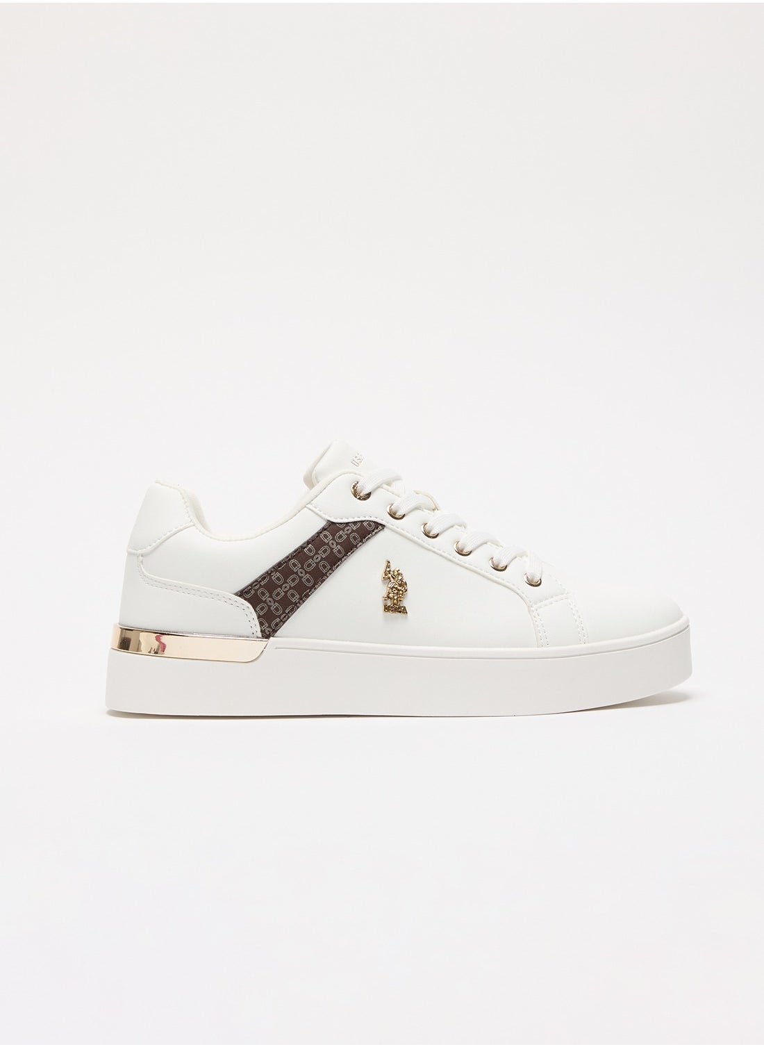 U.S. Polo Assn. Women's White Low-Top Sneakers - Classic Style with Dark Brown Accent and Gold Logo Detail for Elegant Everyday Wear 