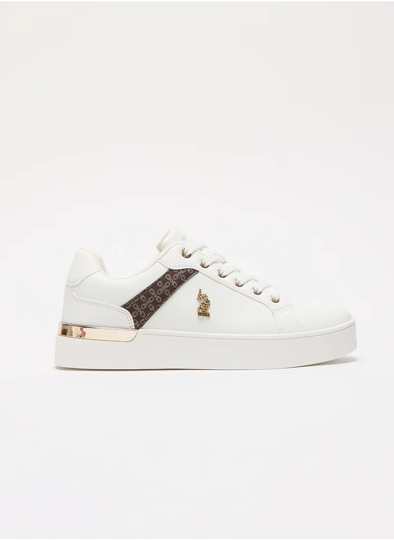 U.S. Polo Assn. Women's White Low-Top Sneakers - Classic Style with Dark Brown Accent and Gold Logo Detail for Elegant Everyday Wear