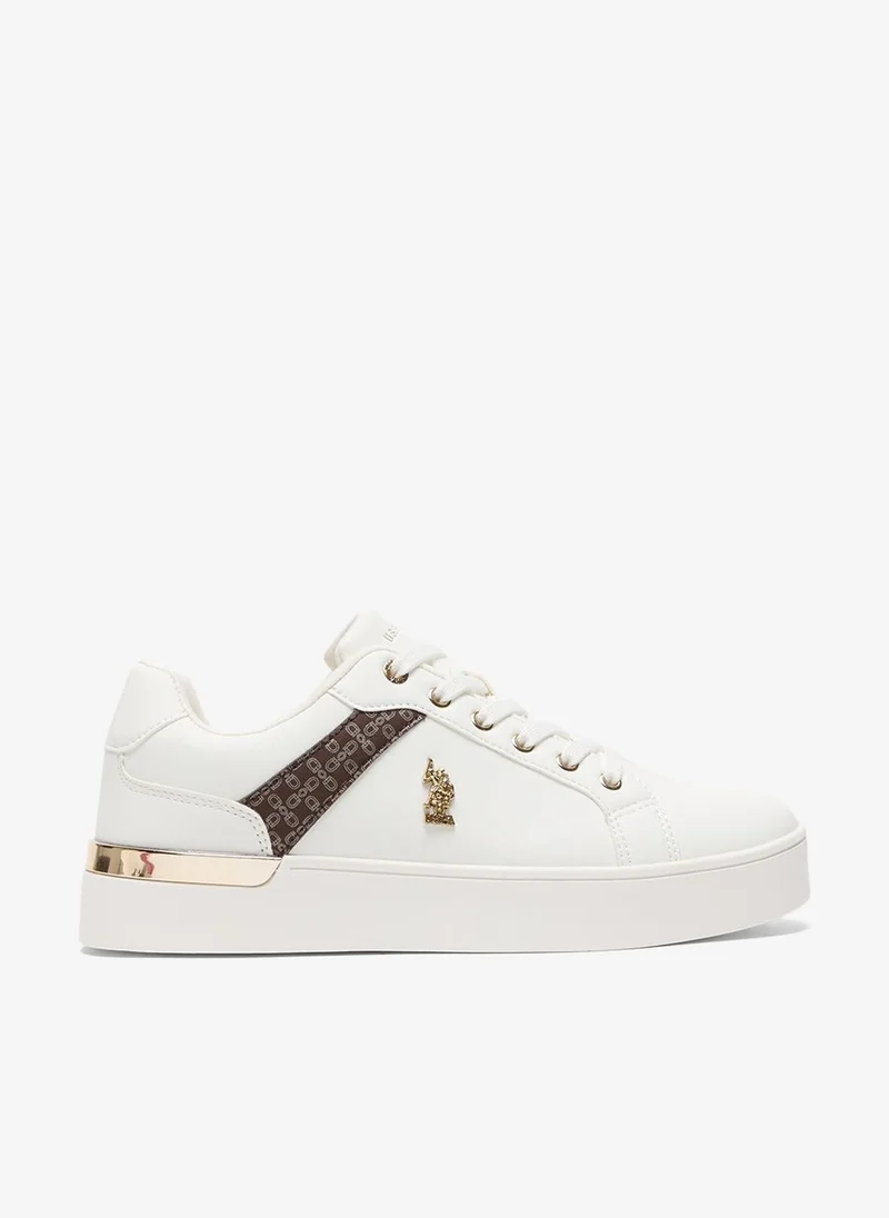 Women's White Low-Top Sneakers - Classic Style with Dark Brown Accent and Gold Logo Detail for Elegant Everyday Wear Shoes