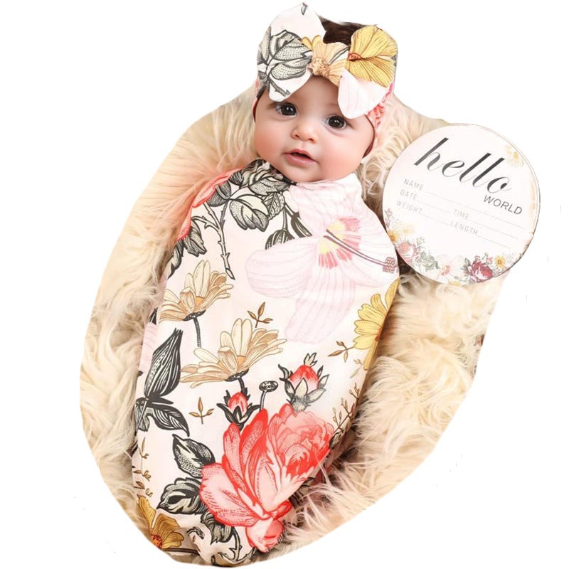 Galabloomer Newborn Receiving Blanket Headband Set Flower Print Baby Swaddle Blankets Garden Flower