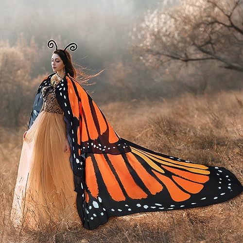 Suhine 2 Pcs Double Layer Halloween Butterfly Wings for Women Butterfly Shawl Costume with Headband for Halloween Party(Yellow,L) - Image 5
