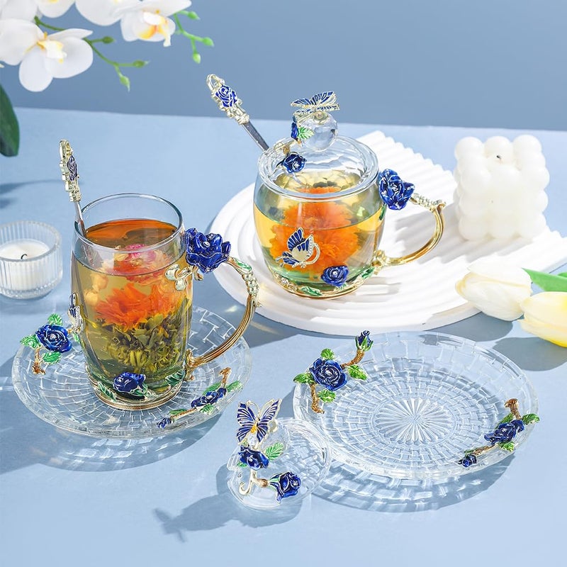 Lantree Glass Coffee Mug Birthday Christmas Gift For Women Mom Sister Girlfriend Coworker Flower Butterfly Tea Cup Antique Coffee Mug With Lid Spoon Saucer(Tall Blue) - Image 4