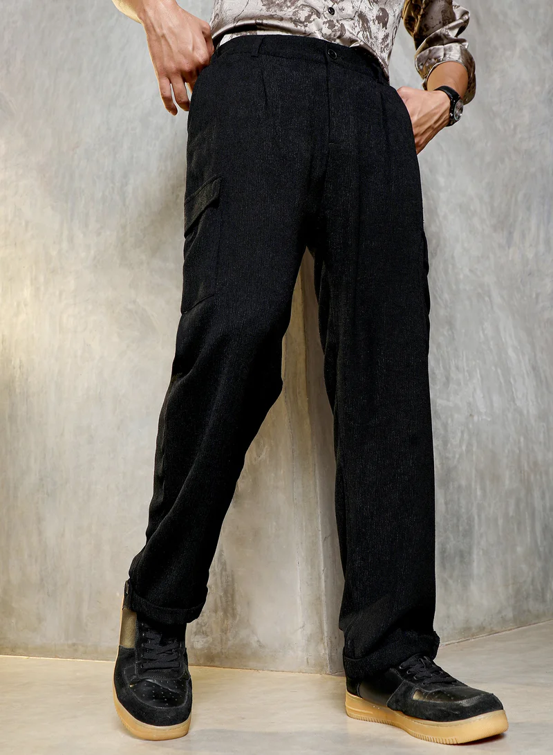 Campus Sutra Campus Sutra Men Cargo Tailored Trousers | Mid-Rise Cargo Relaxed Fit With Crushed Texture & Six Pockets | Durable Polyester Blend For Casual & Streetwear Outings | Onyx Black