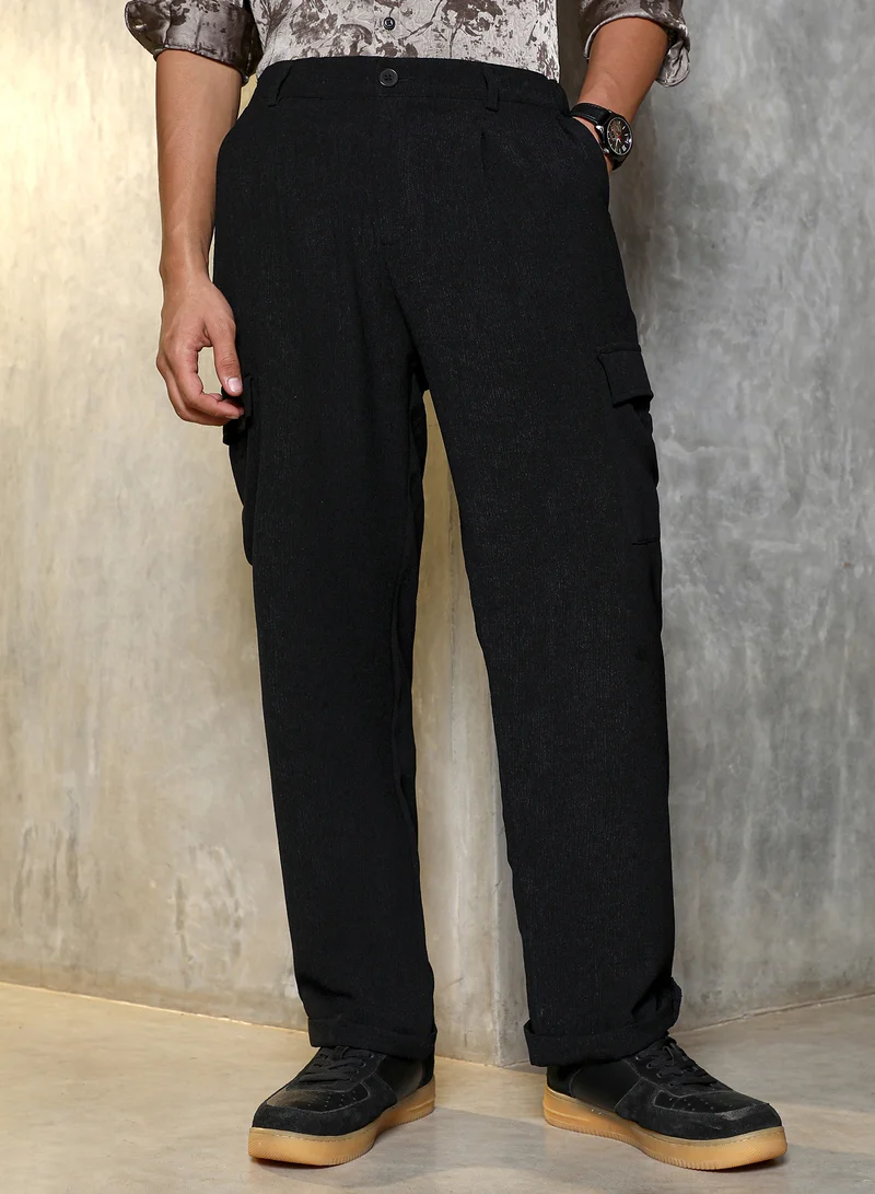 Campus Sutra Campus Sutra Men Cargo Tailored Trousers | Mid-Rise Cargo Relaxed Fit With Crushed Texture & Six Pockets | Durable Polyester Blend For Casual & Streetwear Outings | Onyx Black