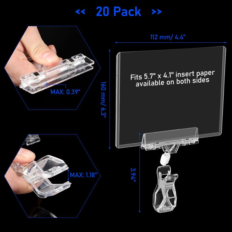 Epakh إيباخ 20 قطعة مشابك علامات دوارة لحامل الأسعار مشبك علامة دوار للحواجز أو الأنابيب مع 20 قطعة أكمام كرتونية صلبة واقي بطاقة PVC للرفوف متجر سوبرماركت (نمط مشبك الإبهام) - Image 2