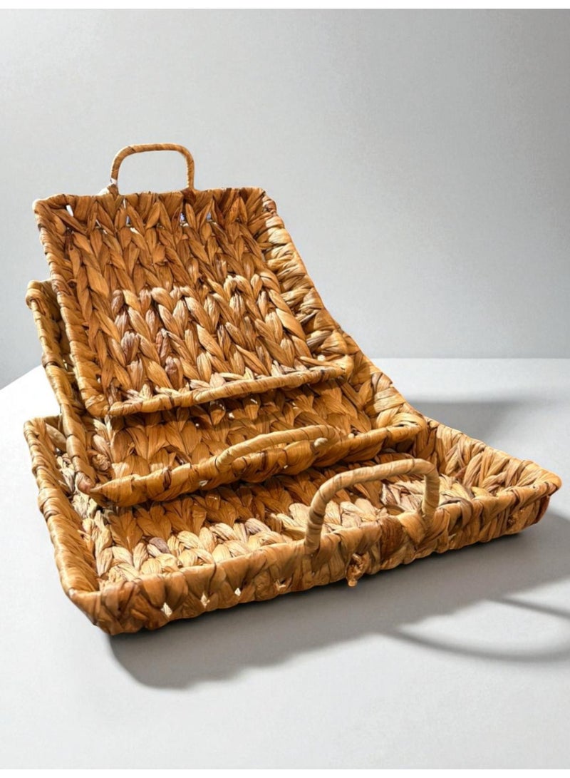 صواني تقديم منسوجة يدوياً من الأعشاب البحرية – طقم مستطيل 3 قطع بمقابض - Image 1