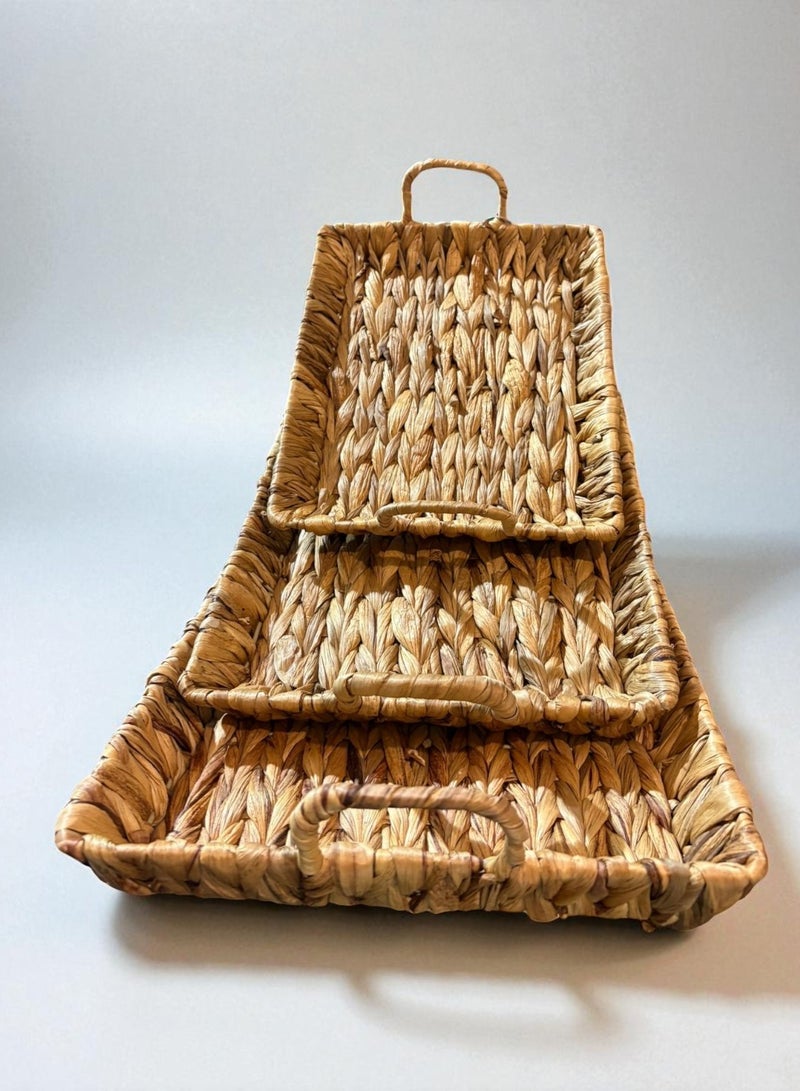 صواني تقديم منسوجة يدوياً من الأعشاب البحرية – طقم مستطيل 3 قطع بمقابض - Image 3