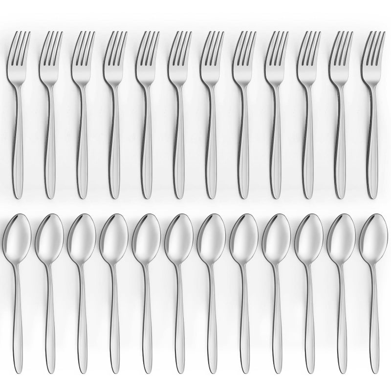 24 Pcs Forks and Spoons Unokit and Spoons Silverware Set Food Grade Stainless Steel 12 Dinner and Forks For HomeKitchen Mirror Polished and Dishwasher Safe Silver