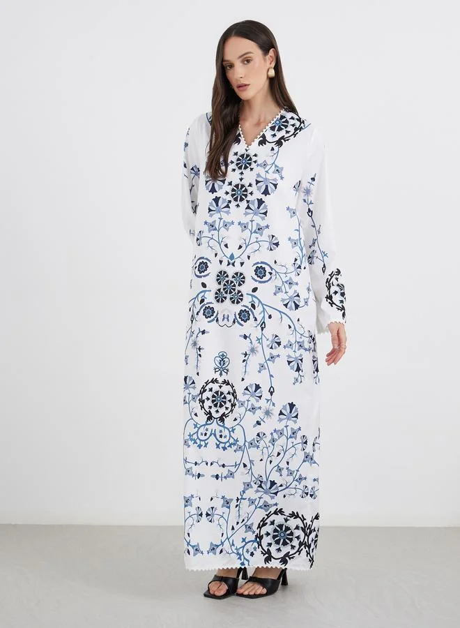 Amirah Amirah White Floral Print V Neck Jalabiya