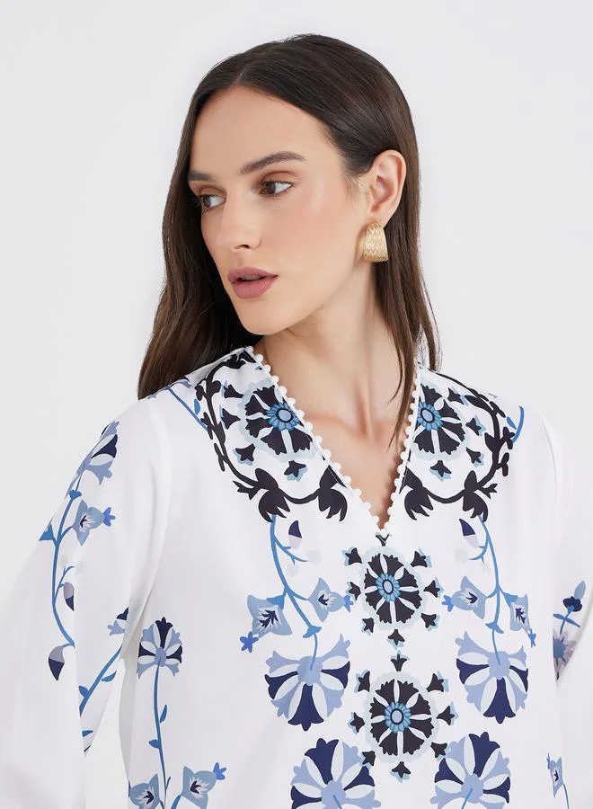 Amirah Amirah White Floral Print V Neck Jalabiya