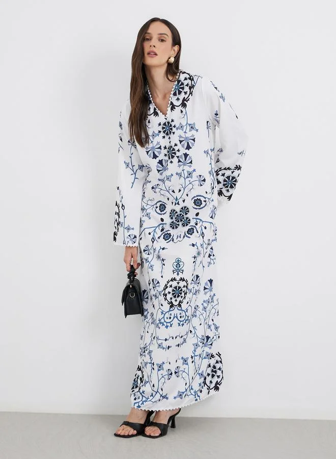 Amirah Amirah White Floral Print V Neck Jalabiya