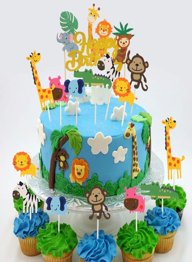 DIYASY 36 Pcs Safari Cake Topper Set, 7 Designs, 35 Assembled Animal Cupcake Toppers, 1 DIY Banner for Kids Safari Party Decorations - Image 1