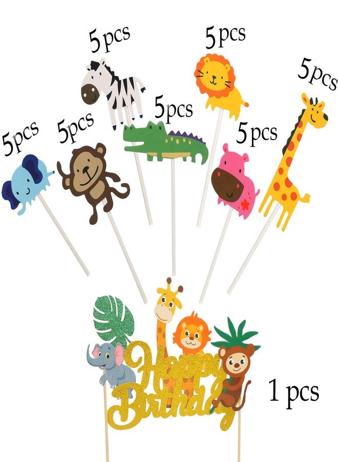 DIYASY 36 Pcs Safari Cake Topper Set, 7 Designs, 35 Assembled Animal Cupcake Toppers, 1 DIY Banner for Kids Safari Party Decorations - Image 2