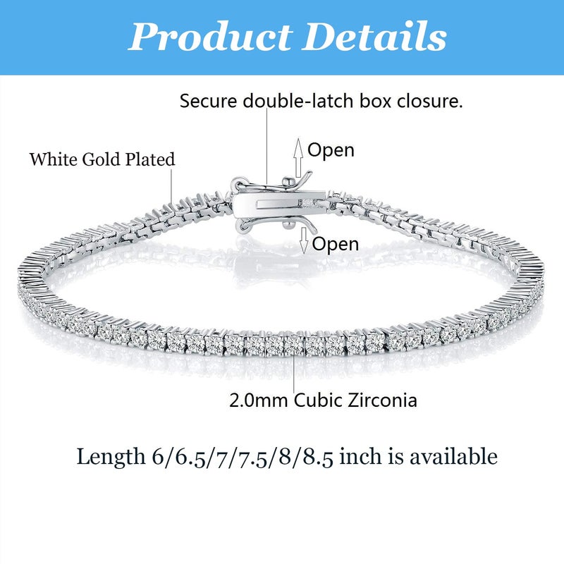 Gemsme 2.0MM Tennis Bracelet for Women and Men, 18K White Gold Plated Round 2mm Cubic Zirconia Classic Tennis Bracelet - Image 2
