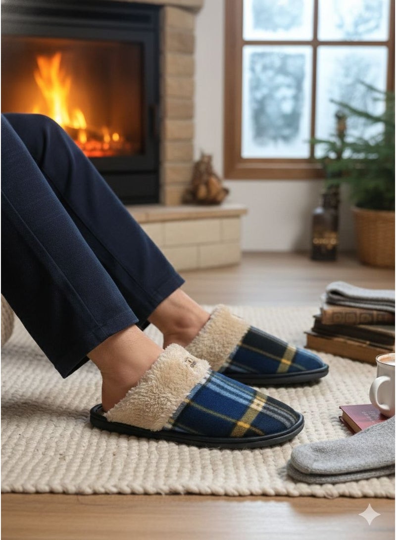 Men's and youth winter slippers for home, navy blue color - Image 1