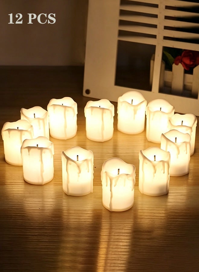 12 قطعة مصابيح شاي LED، مجموعة شمعات LED صغيرة، مصابيح شمع تعمل بالبطارية، شمعات LED غير منتصبة، مصابيح زخرفية ناعمة تتألق بسرعة، مجموعة شمعات كهربائية مزيفة، شمعات LED رومانسية لحفلات الزفاف وعيد الهالوين وعيد الشكر والكريسماس، إضاءة دافئة بيضاء متلألئة - Image 1