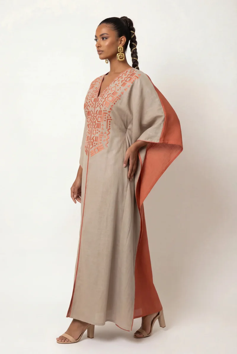 Metanoia Orange & Biege Linen embroidered jalabiya